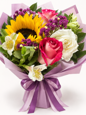 Ramo Aurora con girasol, rosas y flores moradas