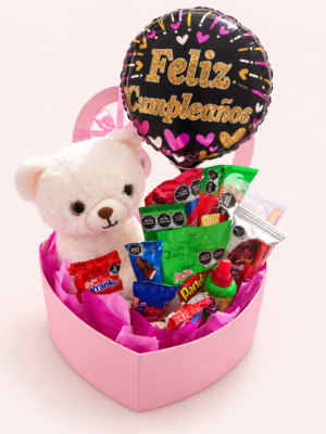 Caja rosa de corazón con osito, dulces y globo Feliz Cumpleaños