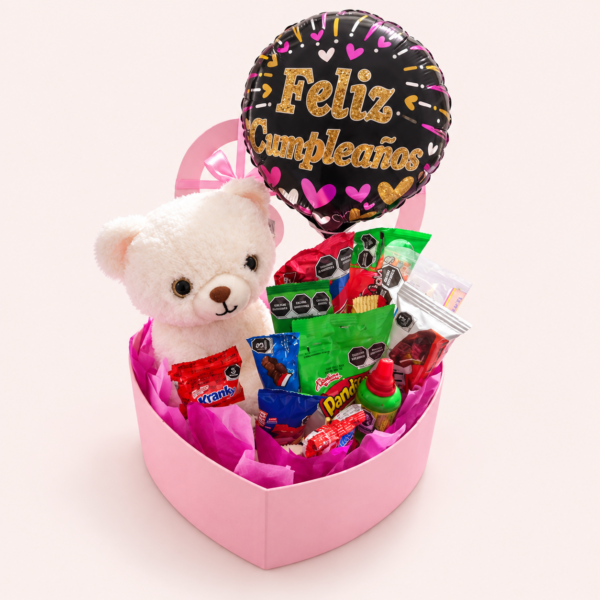 Corazón Cumpleaños Caja rosa de corazón con osito, dulces y globo Feliz Cumpleaños