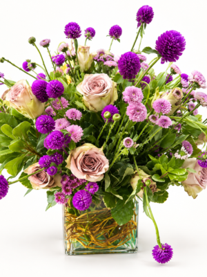 Cubo Constelación con rosas y flores moradas