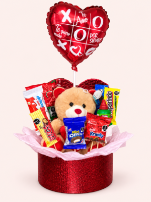 Diseño Dulce Amor con osito, dulces y globo de corazón en caja roja