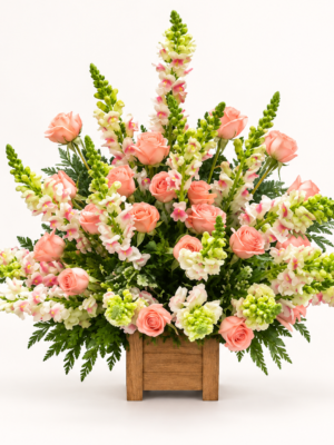 Diseño Ensueño con rosas durazno y flores blancas