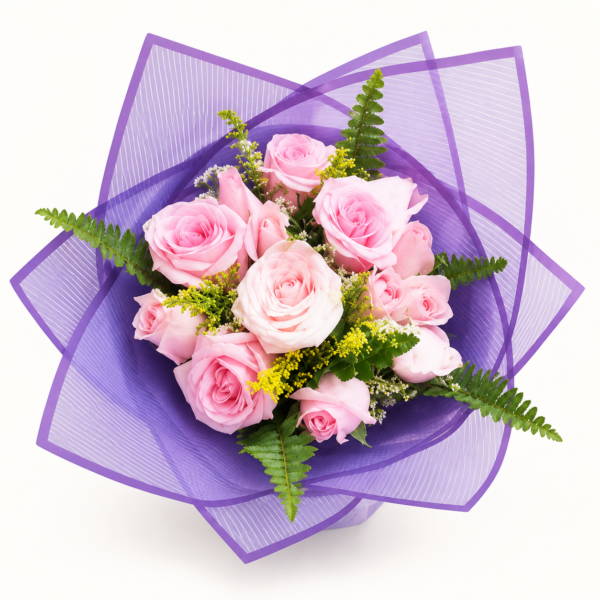 Ramo Estrella con rosas rosas y envoltura morada