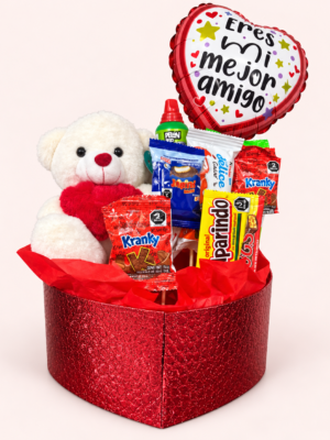Tierno Corazón Tierno Corazón con osito, dulces y globo en caja roja de corazón