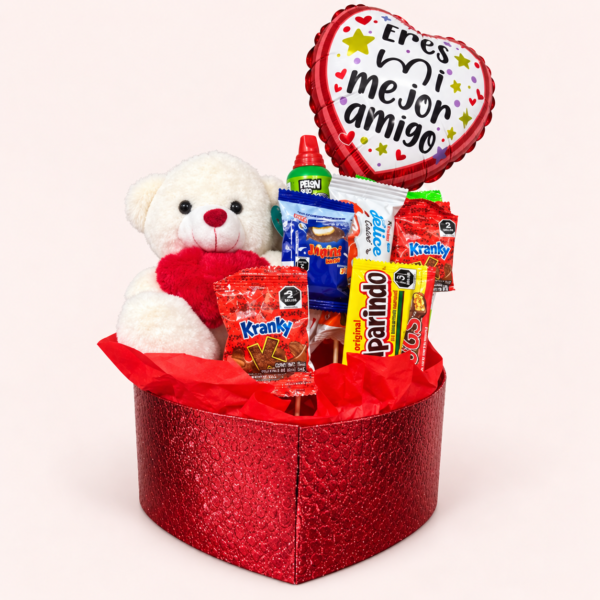 Tierno Corazón con osito, dulces y globo en caja roja de corazón
