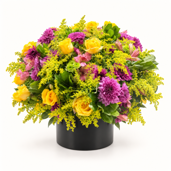 Arreglo floral Universo con rosas amarillas y flores moradas